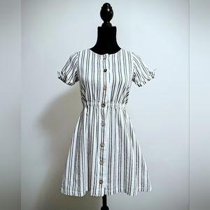 Sweet Button Down Black and White Striped Dress, Elastic Waist, Girls 11/12